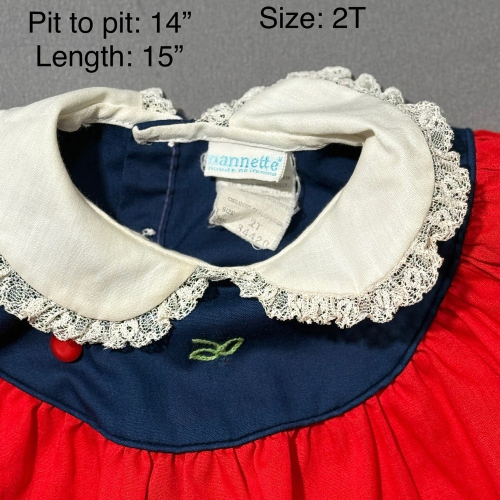 Vintage Nanette Red Blue Cherry Embroidered Baby Dress Size 2T - Picture 2 of 3